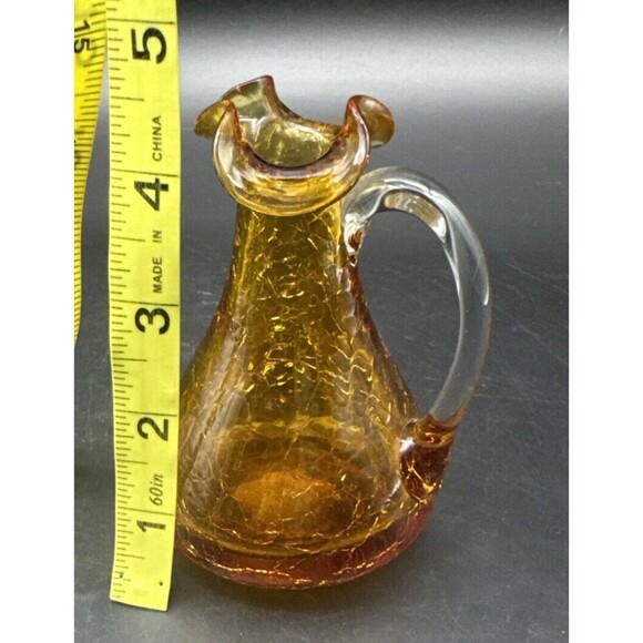 VTG Pilgrim Glass AMBER Crackle Pitcher Vase Ruffle Top Applied Handle 4.5” - Picture 8 of 9